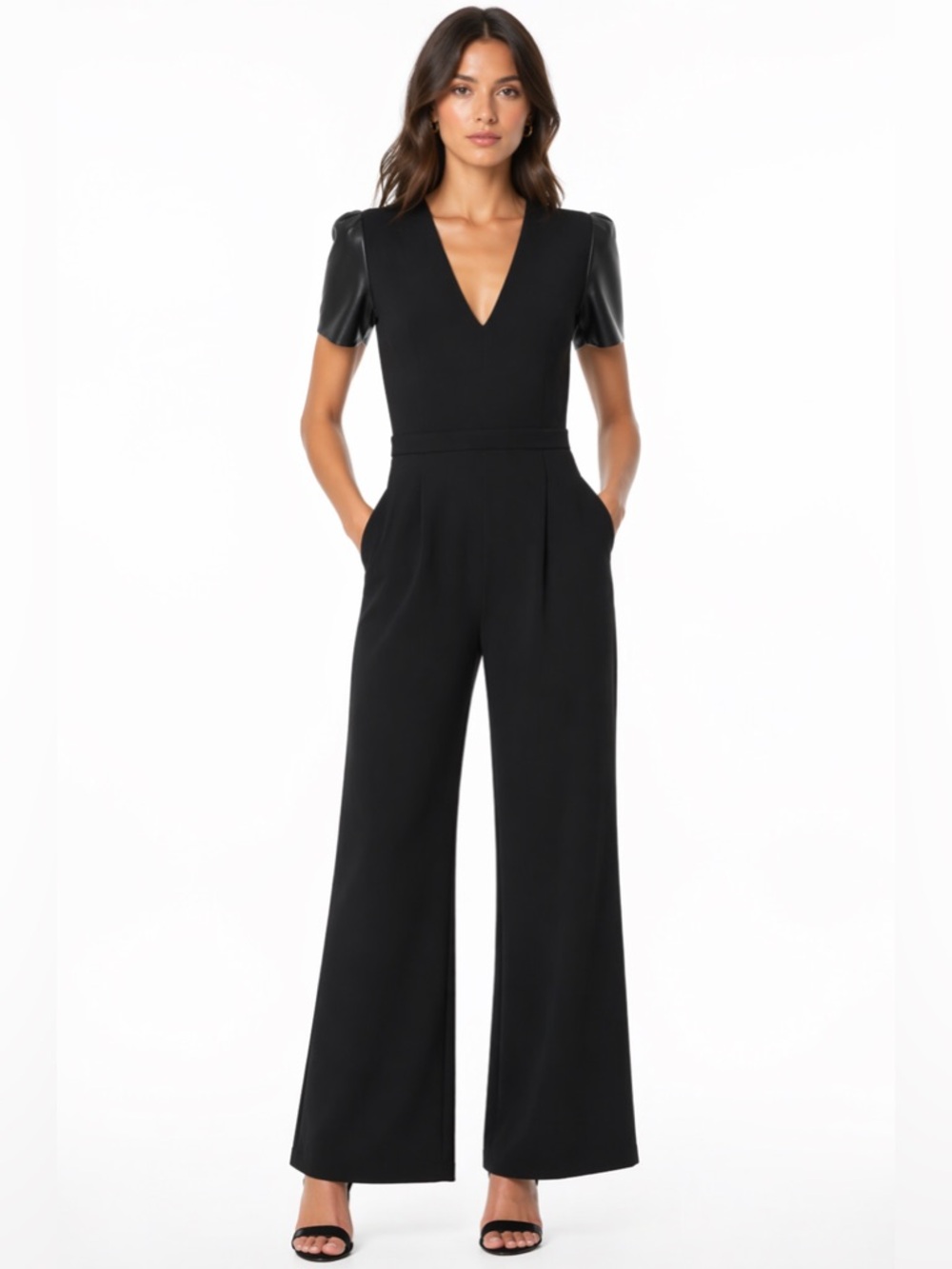 Brandnew Michael Kors Black Jumpsuit with Faux Leather Short Sleeves